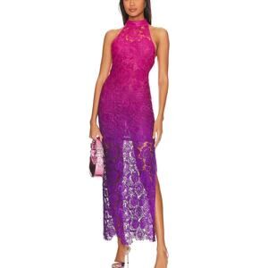 ROCOCO SAND Long Lace Maxi Dress XS Ombre Pink Purple Gown Slit Halter Rare NEW